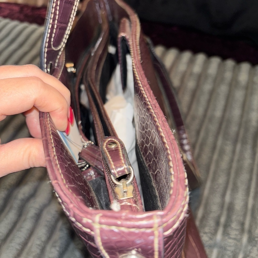Croc embossed tote shoulder bag / laptop bag purse burgundy, Large - Picture 8 of 11